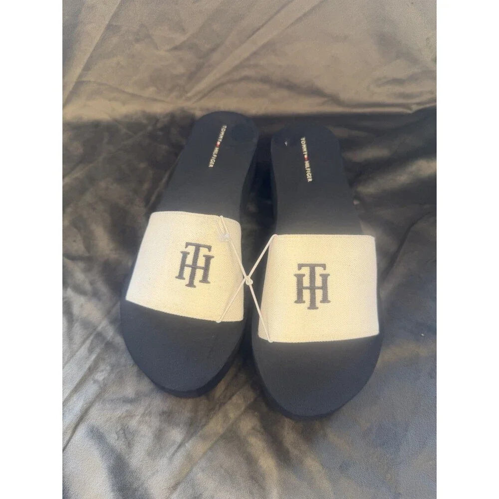 Tommy Hilfiger Mens TWADELIN-C Slide Sandals Black/White Logo US 10 Textile